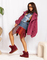 Vegan suede high collar military button bomber jacket