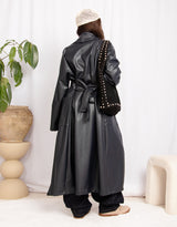Long faux leather belted coat