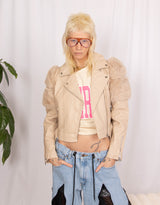 Faux fur detail sleeves cropped biker jacket