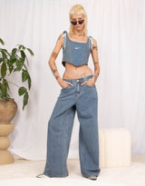 Heart pocket wide leg denim trousers