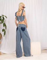 Heart pocket wide leg denim trousers