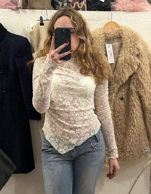 Lace asymmetric long sleeve top