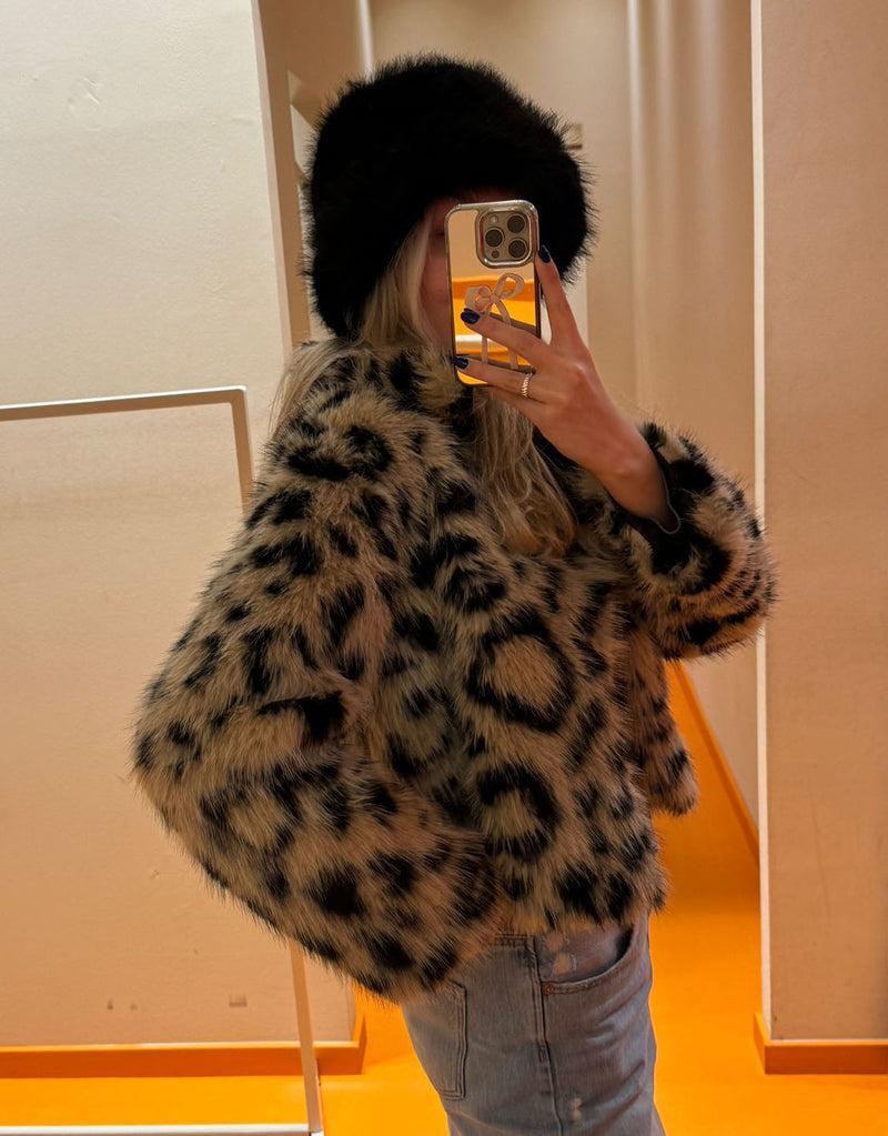 Leopard print faux fur coat