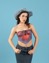 Metallic belted jean top