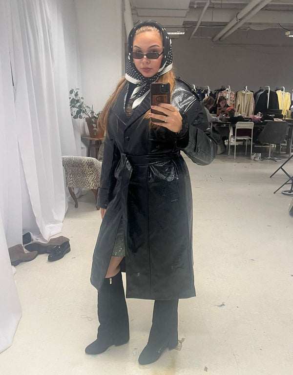Metallic belted trenchcoat