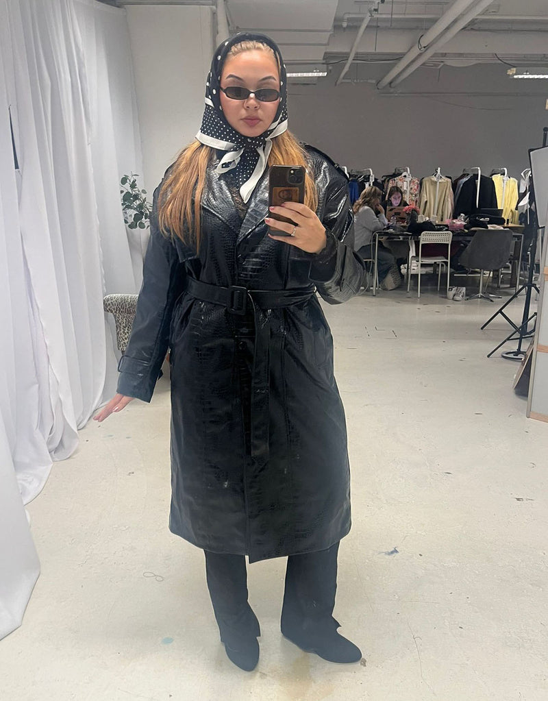 Metallic belted trenchcoat
