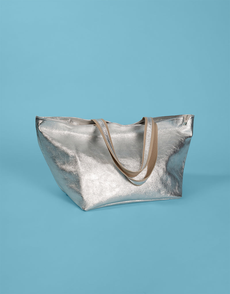 Metallic leather big shopper bag