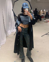 Sheer long sleeve denim corset top