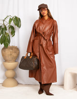 Long faux leather belted coat