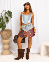 Vintage customized upcycled tie denim v shape mini skirt