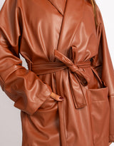Long faux leather belted coat