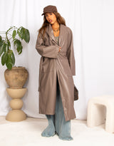 Long faux leather belted coat