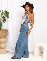 Vintage customized upcycled Levis denim harness top with studs