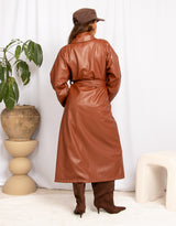 Long faux leather belted coat