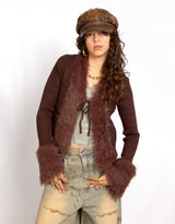 Faux fur trim tie front cardigan