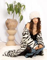 Long zebra faux fur coat