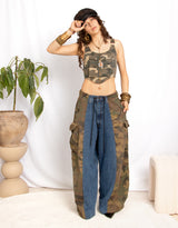Vintage customized upcycled camouflage denim Levi's wide leg trousers