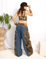 Vintage customized upcycled camouflage denim Levi's wide leg trousers