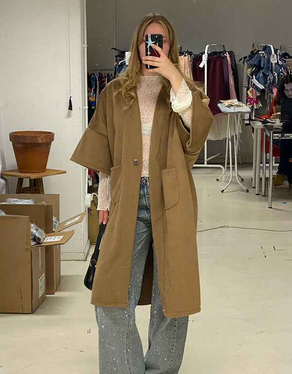 Oversized cocoon coat with kimono sleeves