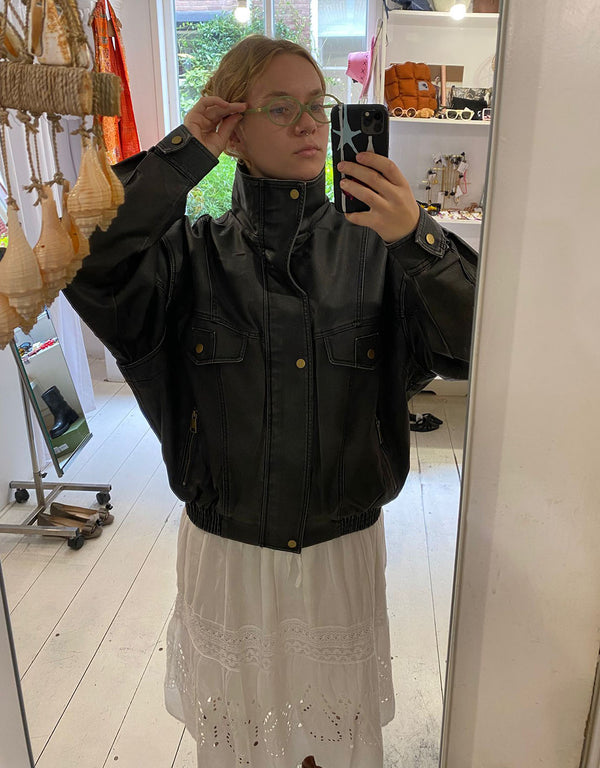 Oversized vegan leather bomber jacket