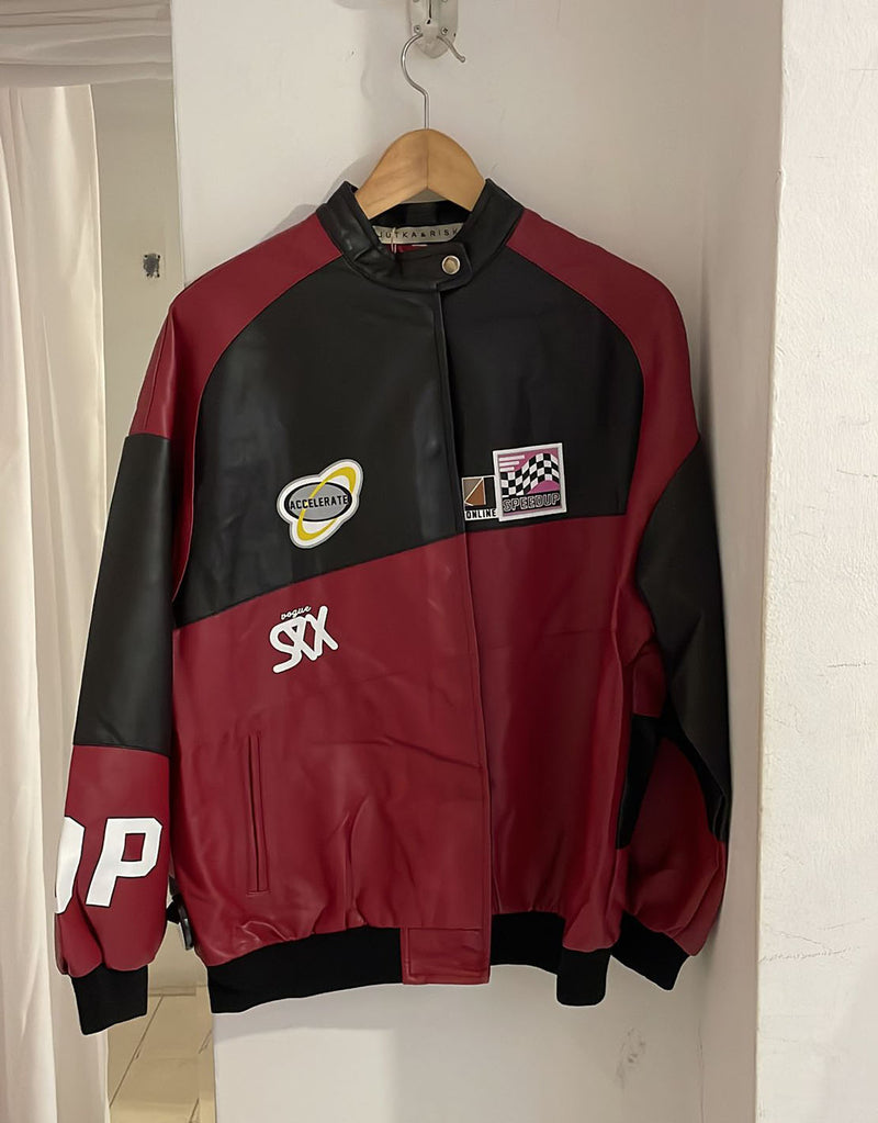 Oversized vegan leather motor race bomber jacket