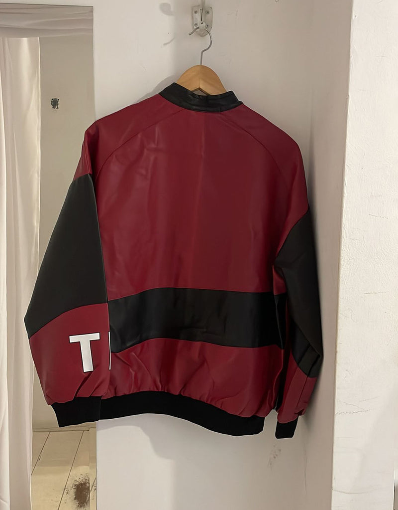 Oversized vegan leather motor race bomber jacket