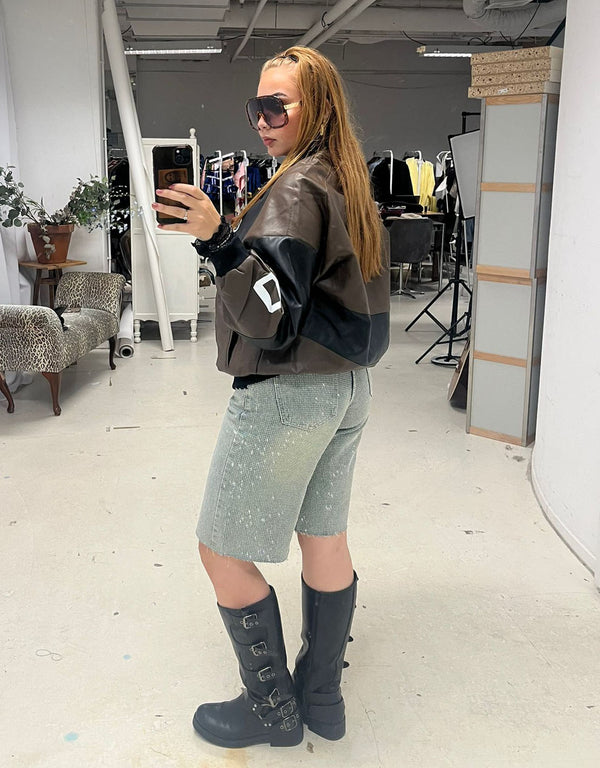 Oversized vegan leather motor race bomber jacket