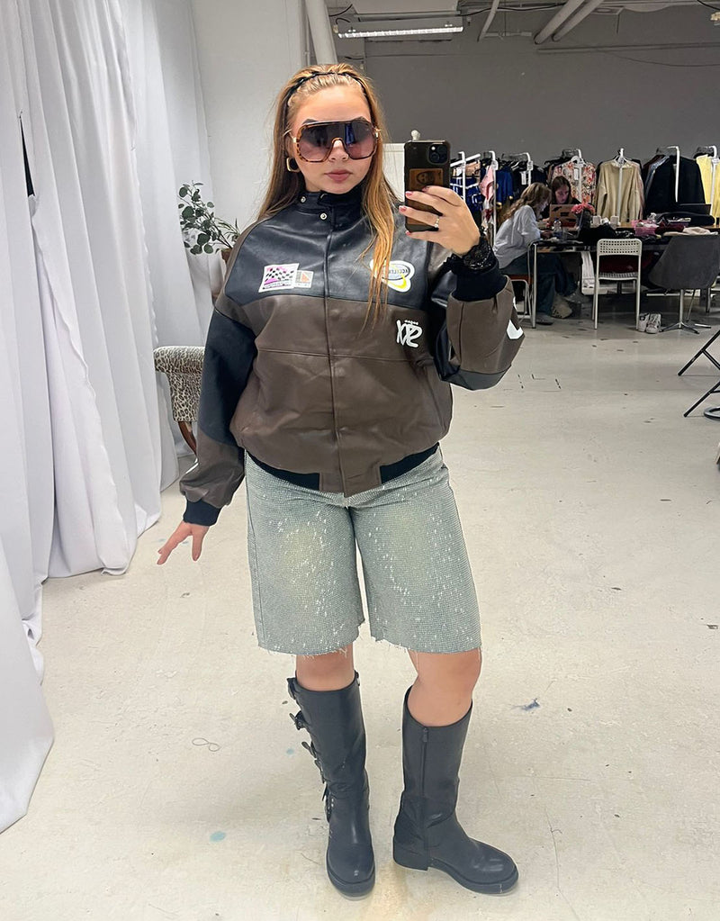 Oversized vegan leather motor race bomber jacket