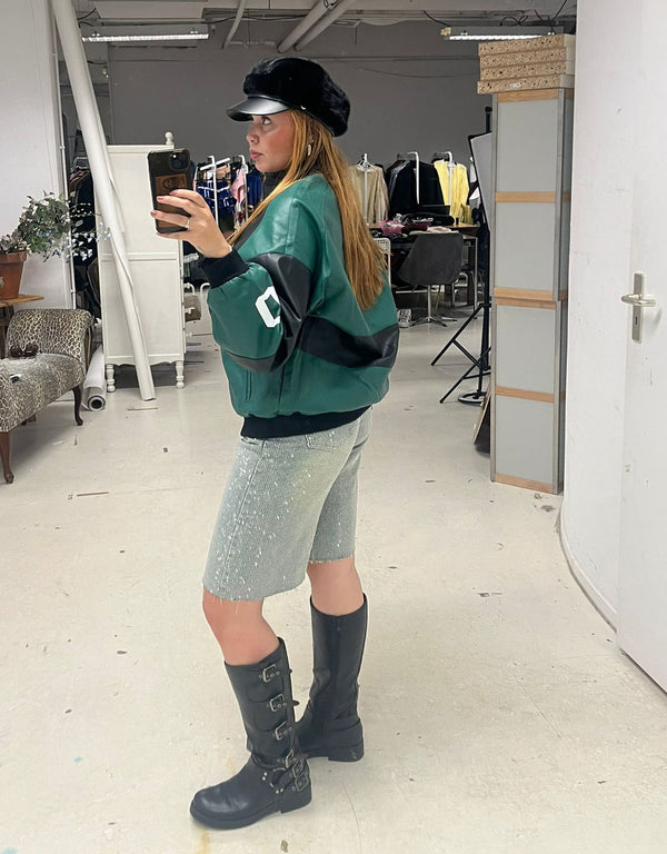 Oversized vegan leather motor race bomber jacket