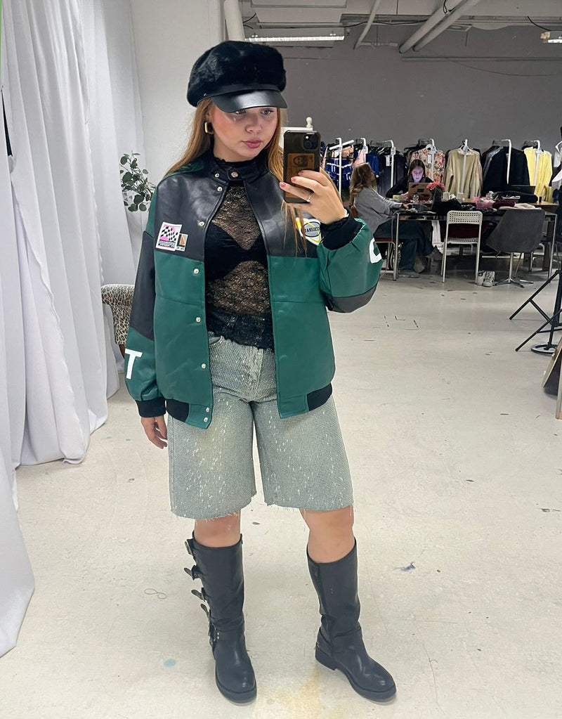 Oversized vegan leather motor race bomber jacket