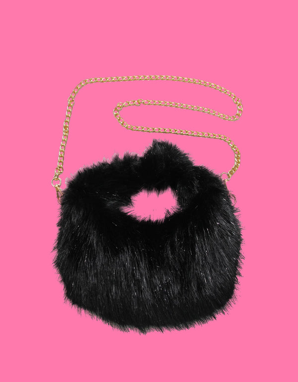 Round faux fur bag on a chain