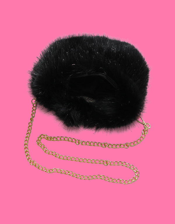 Round faux fur bag on a chain