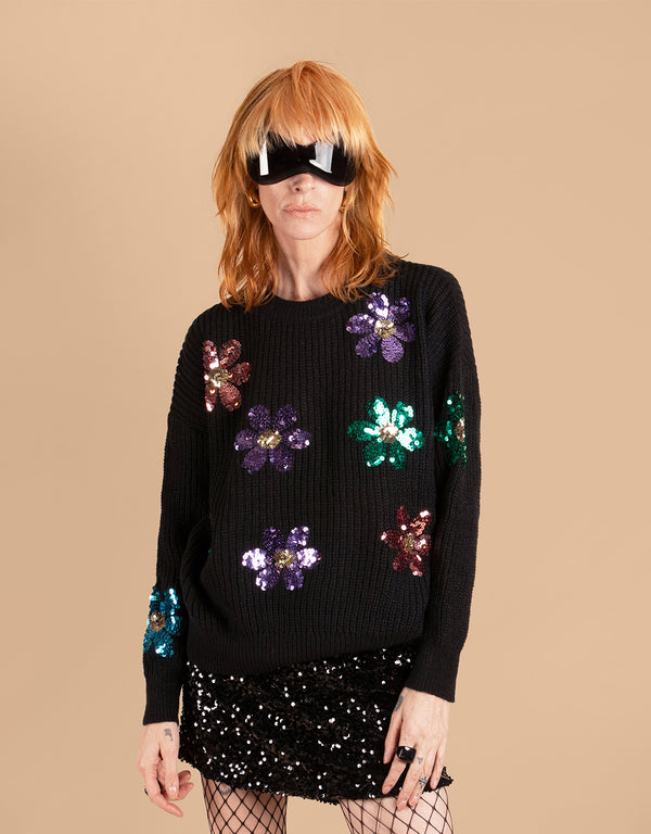 Sequin flowers knitted sweater
