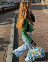 Cropped motor race jacket with patches