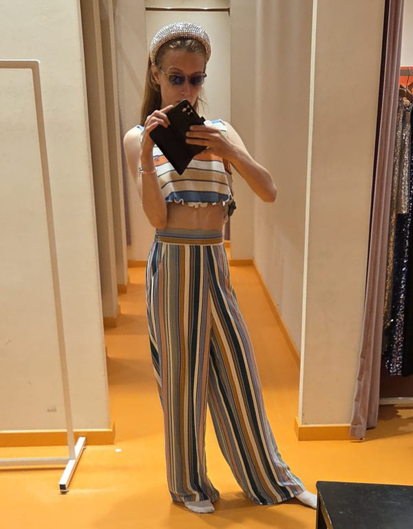 Stripe print wide leg trousers