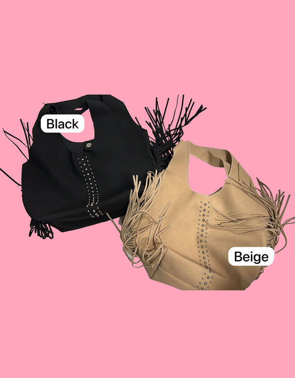 Studs and fringe shoulder bag