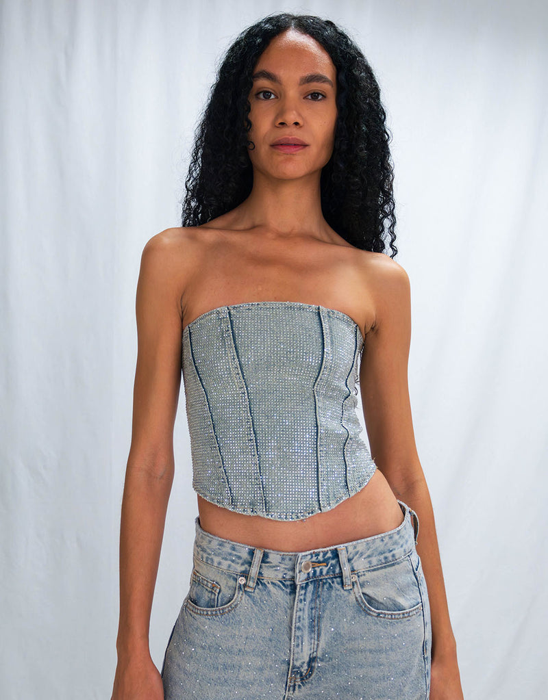 Sparkly detail denim tube top