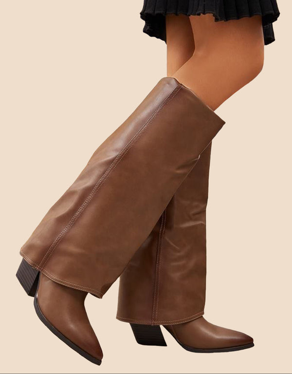 Vegan leather fold over heeled boots