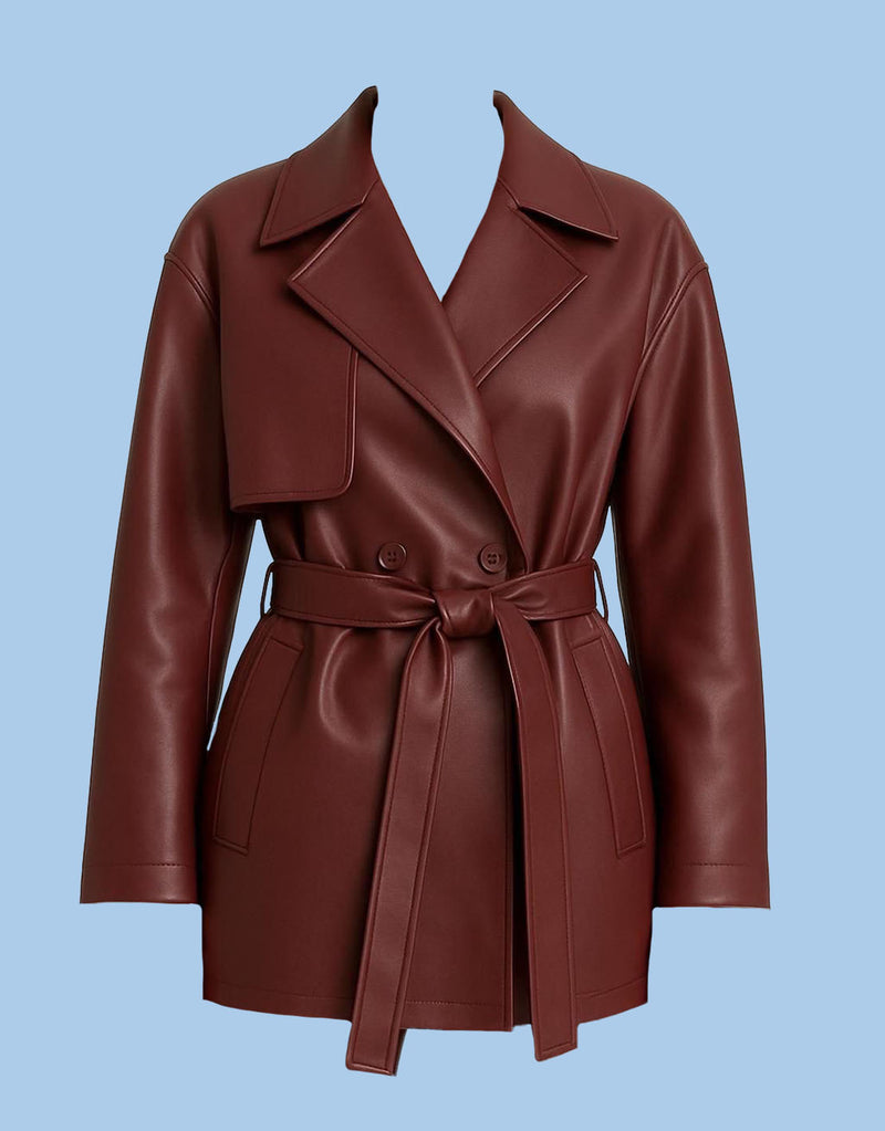 Vegan leather belted short trench coat