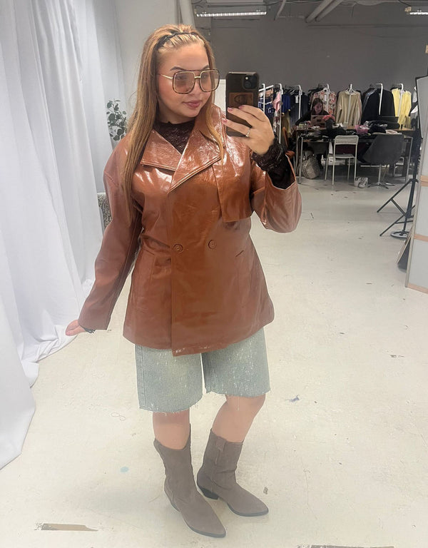 Vegan leather belted short trench coat
