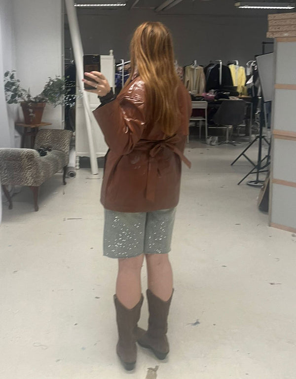 Vegan leather belted short trench coat