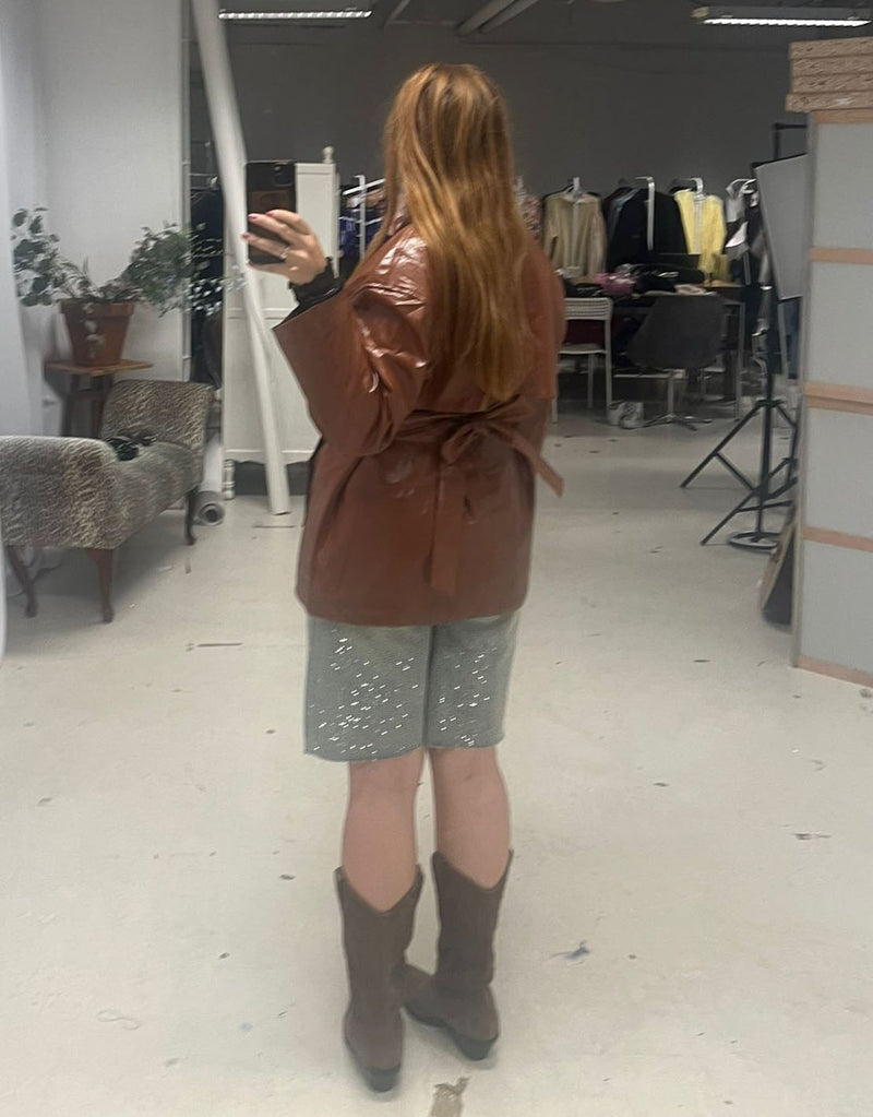 Vegan leather belted short trench coat