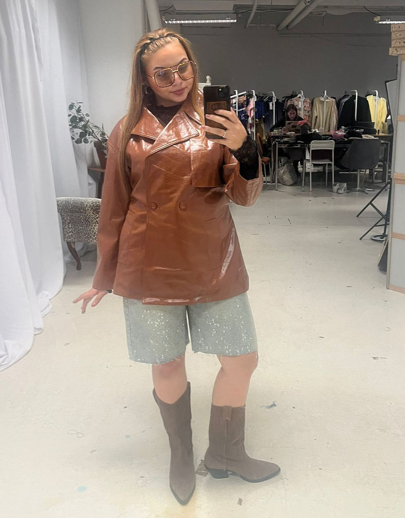 Vegan leather belted short trench coat