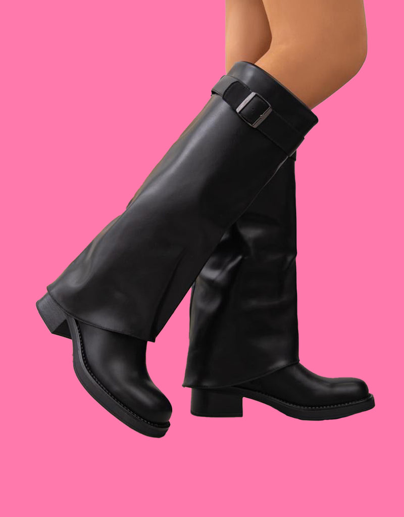 Vegan leather fold over buckle detail boots