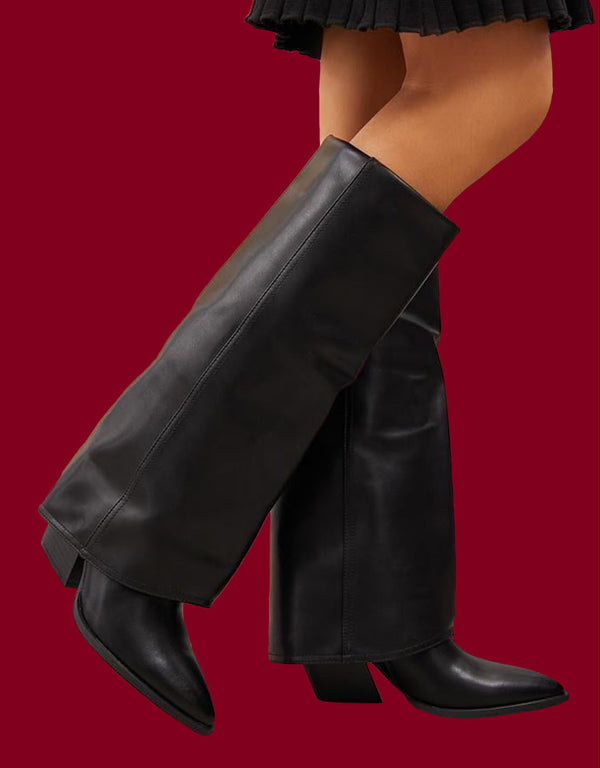 Vegan leather fold over heeled boots