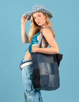 Vintage customized denim patches tote bag