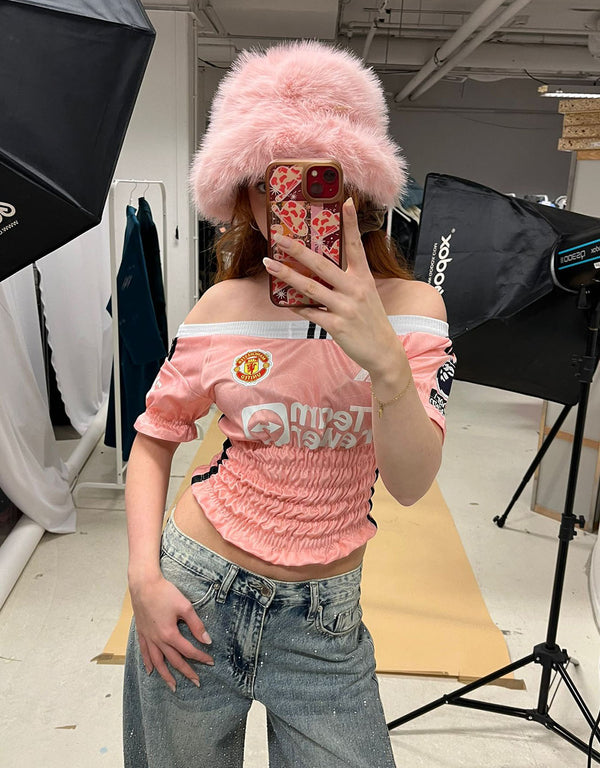 Vintage customized football off shoulder band top