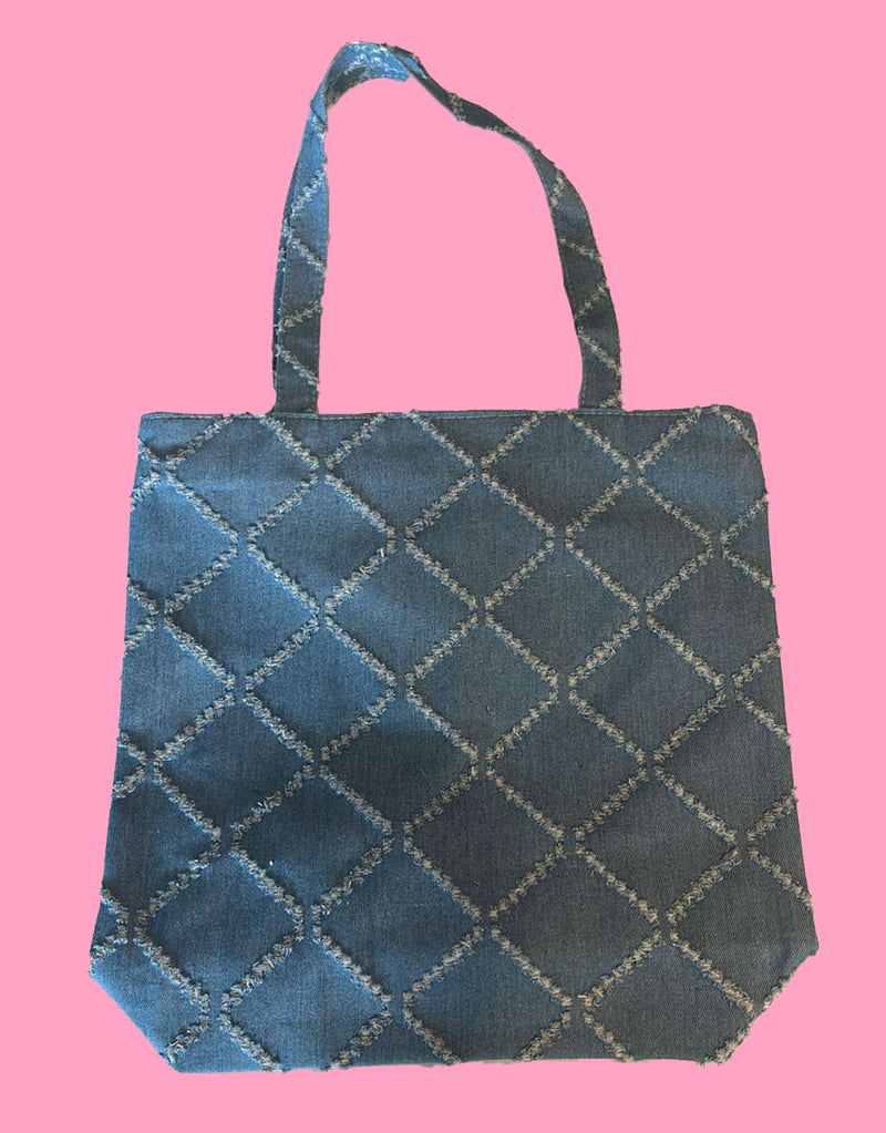 Distressed diamond denim tote bag