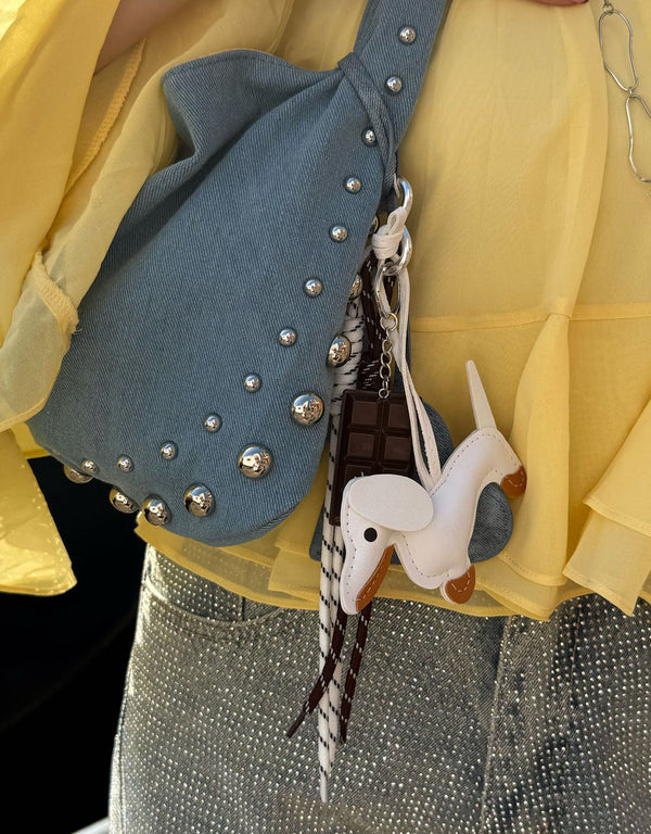 Denim round bag with studs and mini heart pouch