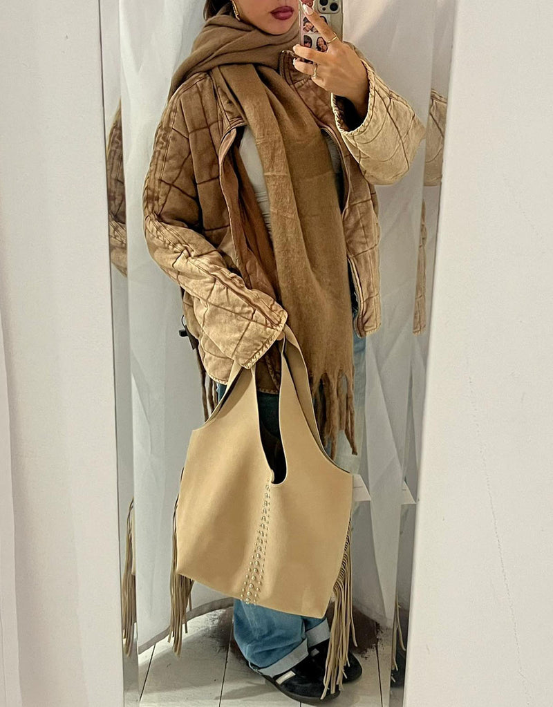 Studs and fringe shoulder bag